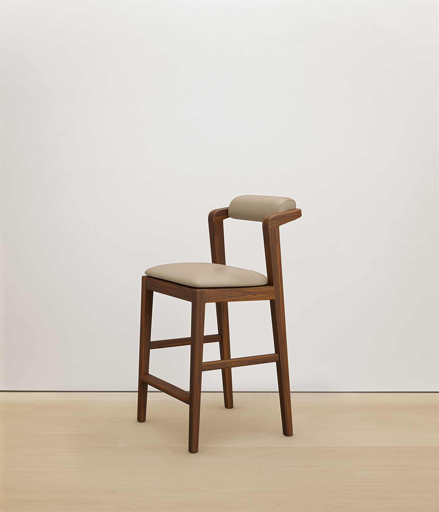  walnut stool with cream color upholstered seat