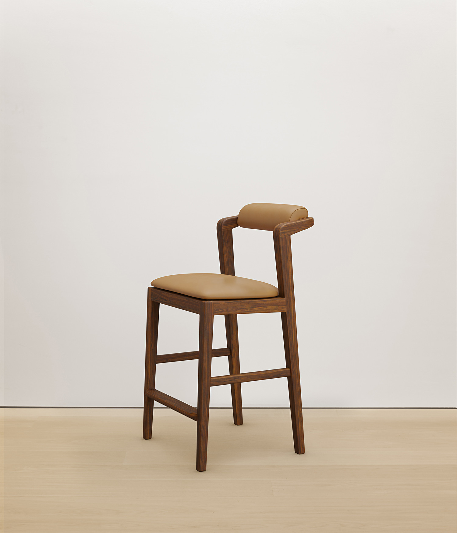  walnut stool with tan color upholstered seat