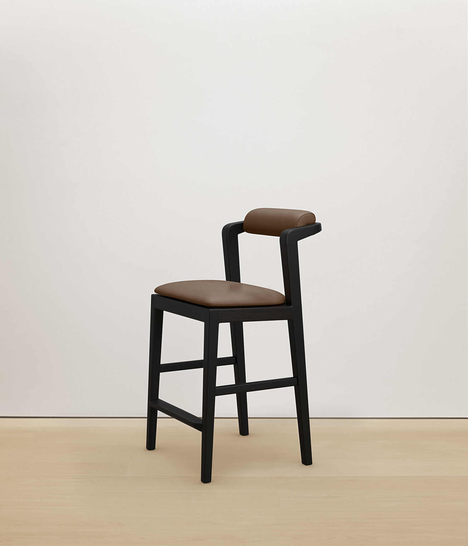  black-stained-oak stool with umber color upholstered seat