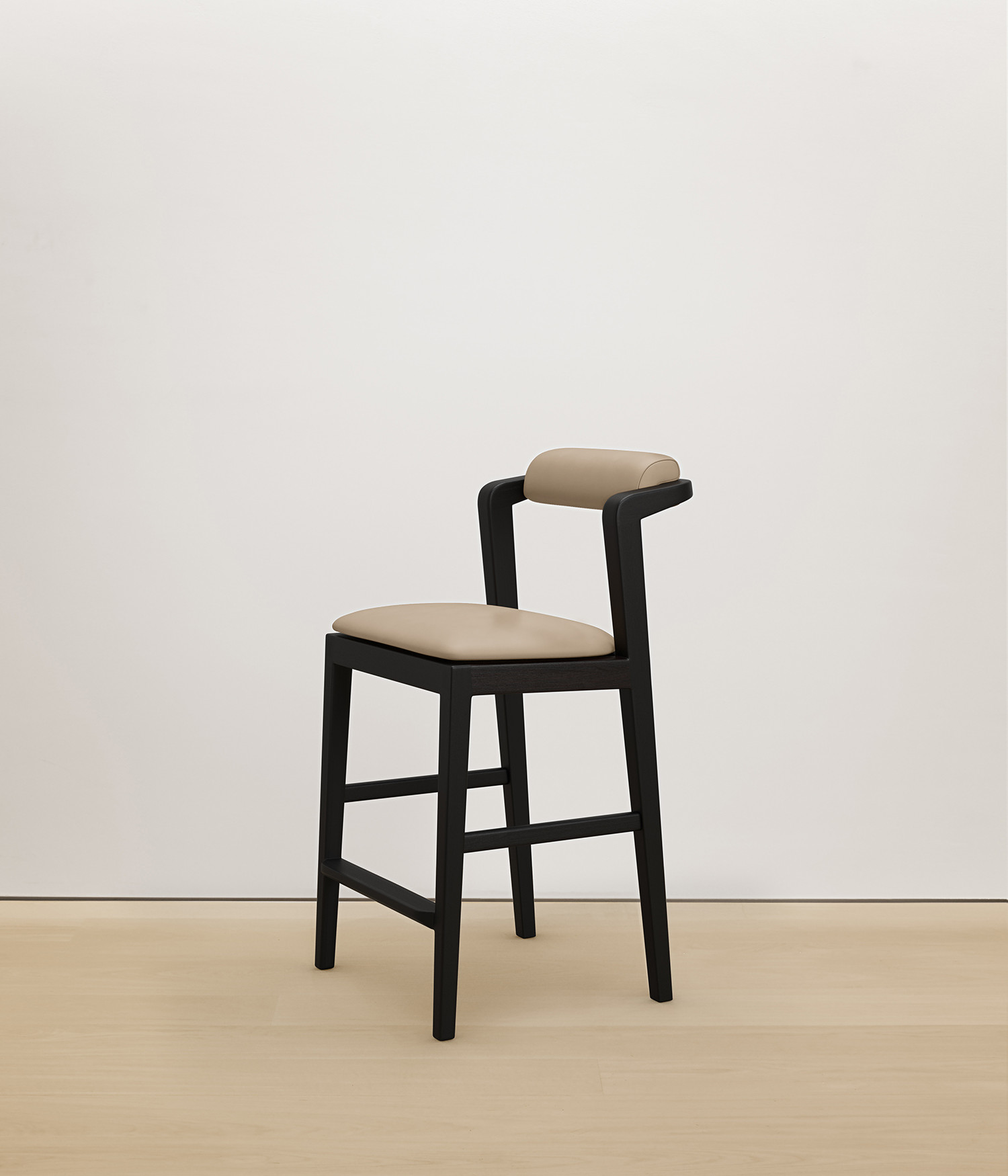  black-stained-oak stool with cream color upholstered seat