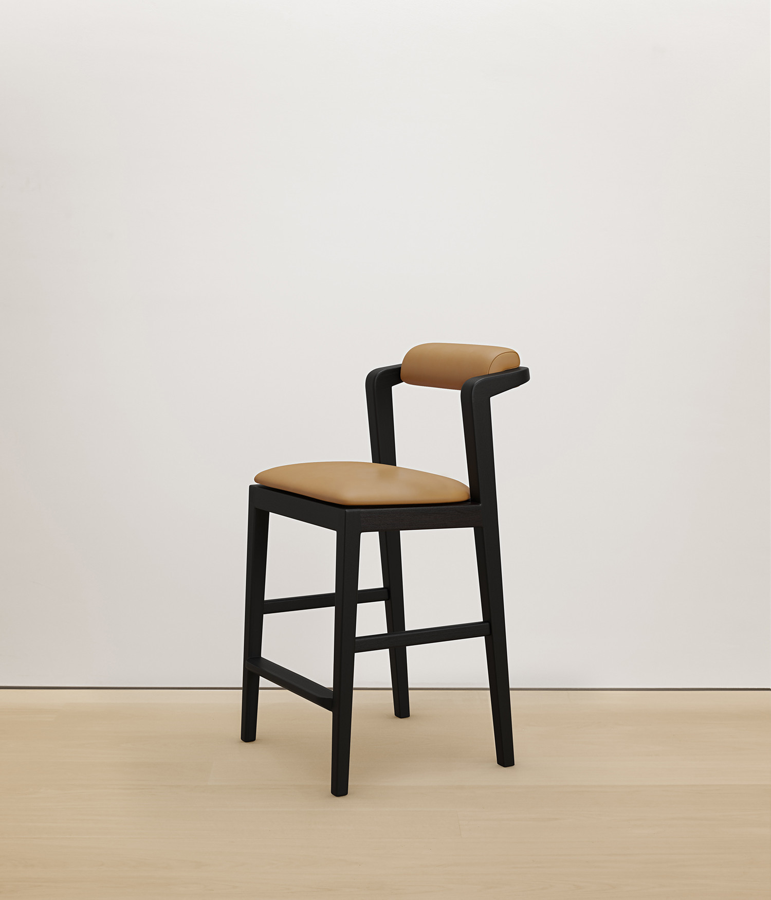  black-stained-oak stool with tan color upholstered seat