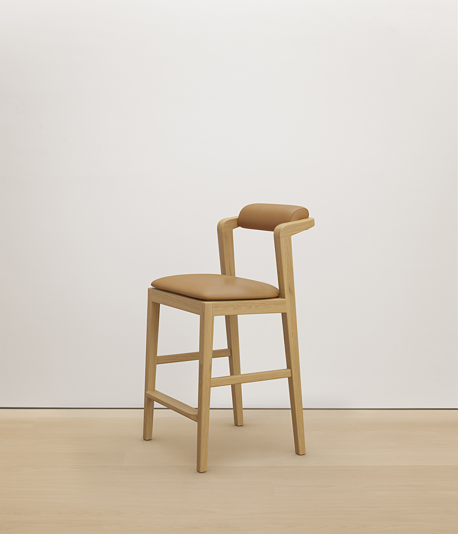  white-oak stool with tan color upholstered seat