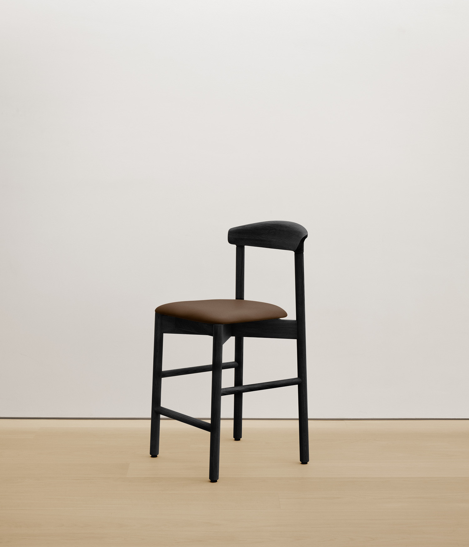  black-stained-oak stool with umber color upholstered seat